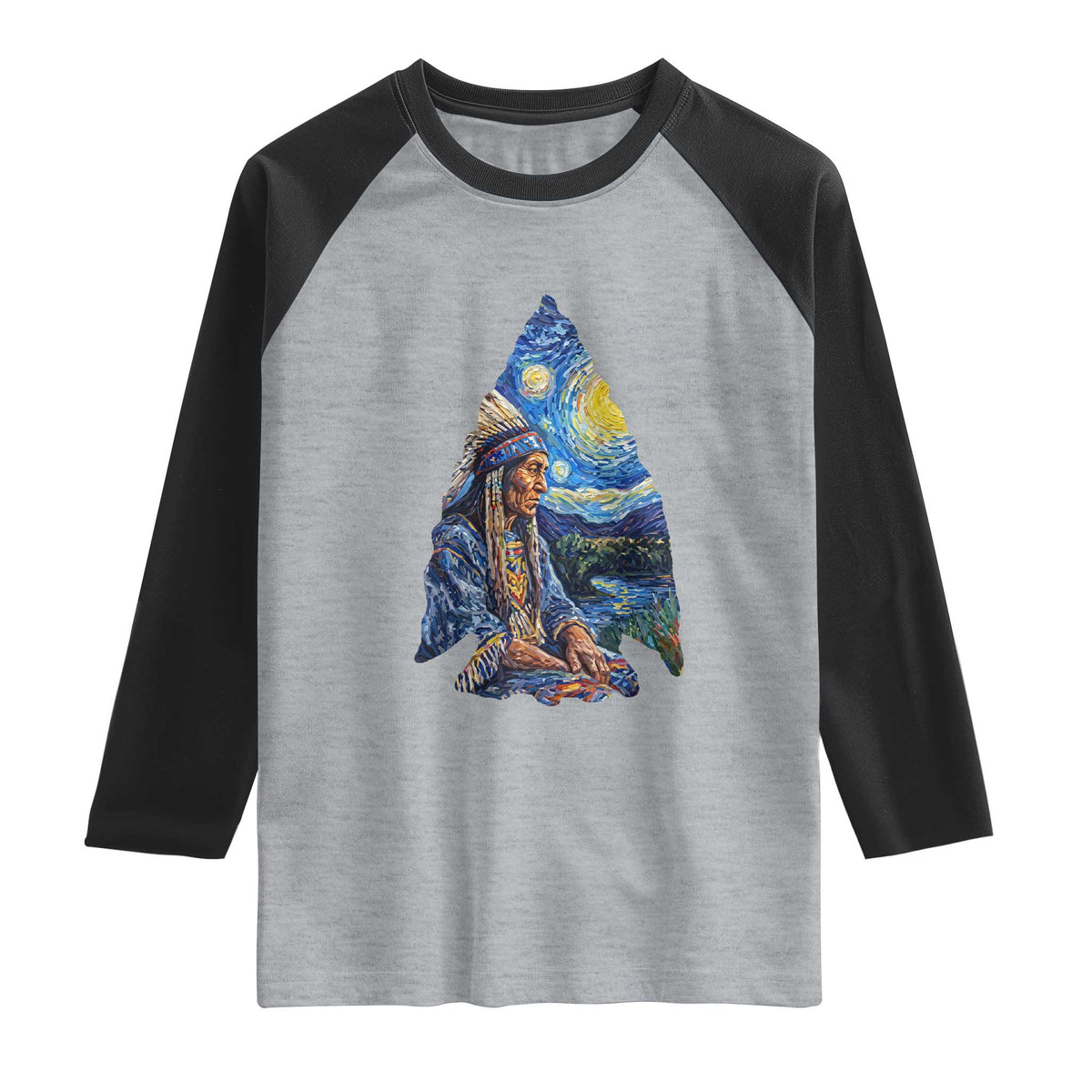 Native American Arrowhead Hunter Starry Night Raglan Shirt TS14 Heather Gray Black Print Your Wear