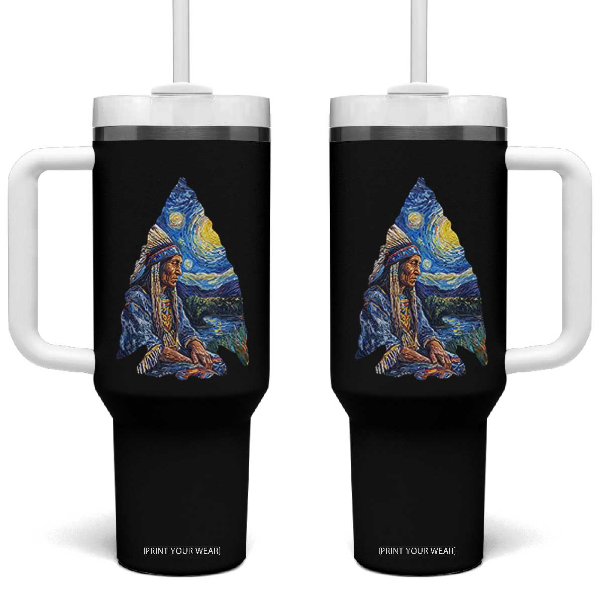Native American Arrowhead Hunter Starry Night Tumbler With Handle TS14 One Size: 40 oz Black Print Your Wear
