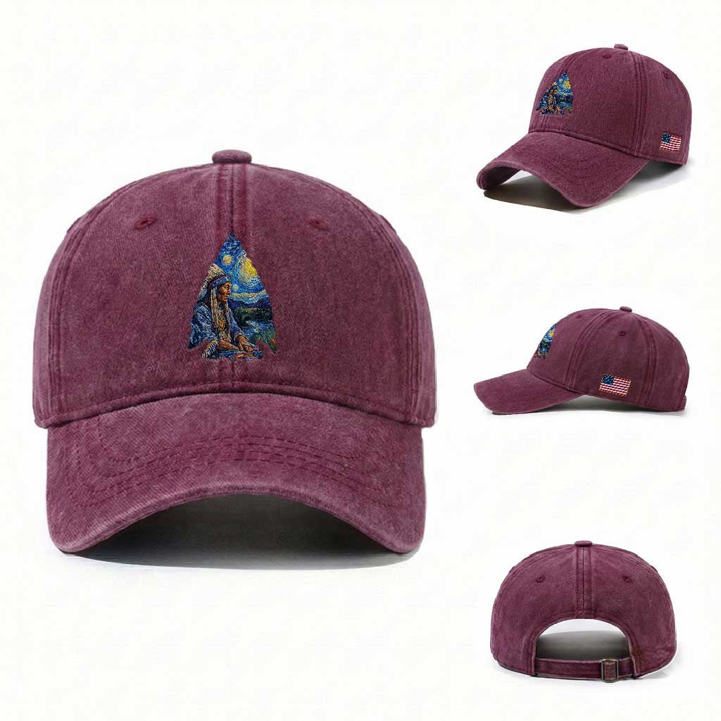 Native American Arrowhead Hunter Starry Night Washed Cotton Baseball Cap TS14 Washed Cap Universal Fit Burgundy Print Your Wear