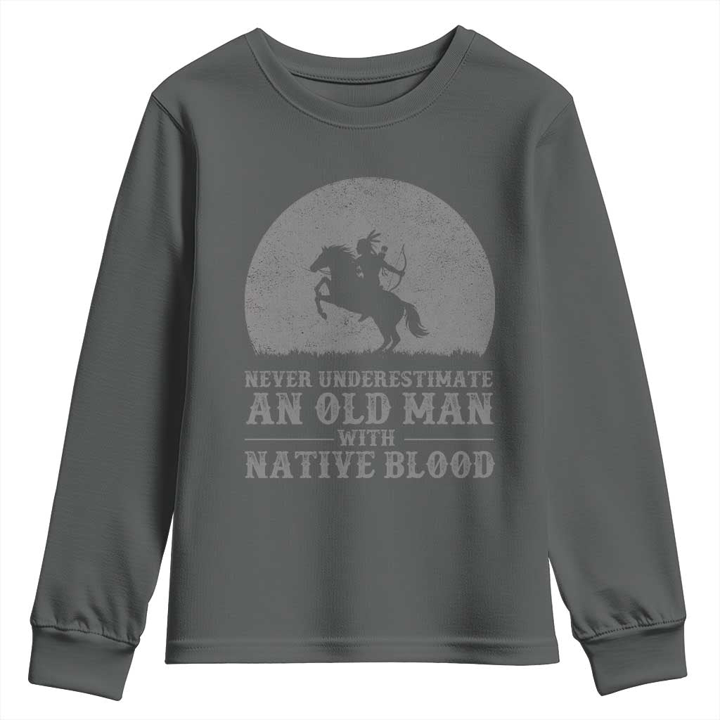 Never Underestimate An Old Man Native American Warrior Youth Sweatshirt TS14 Dark Heather Print Your Wear