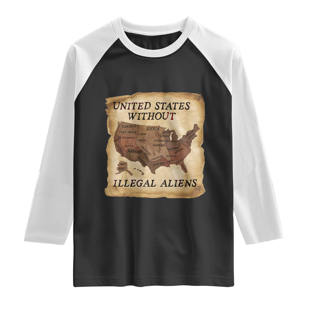 United States Without Illegal Aliens Raglan Shirt Native Land Map TS14 Black White Print Your Wear