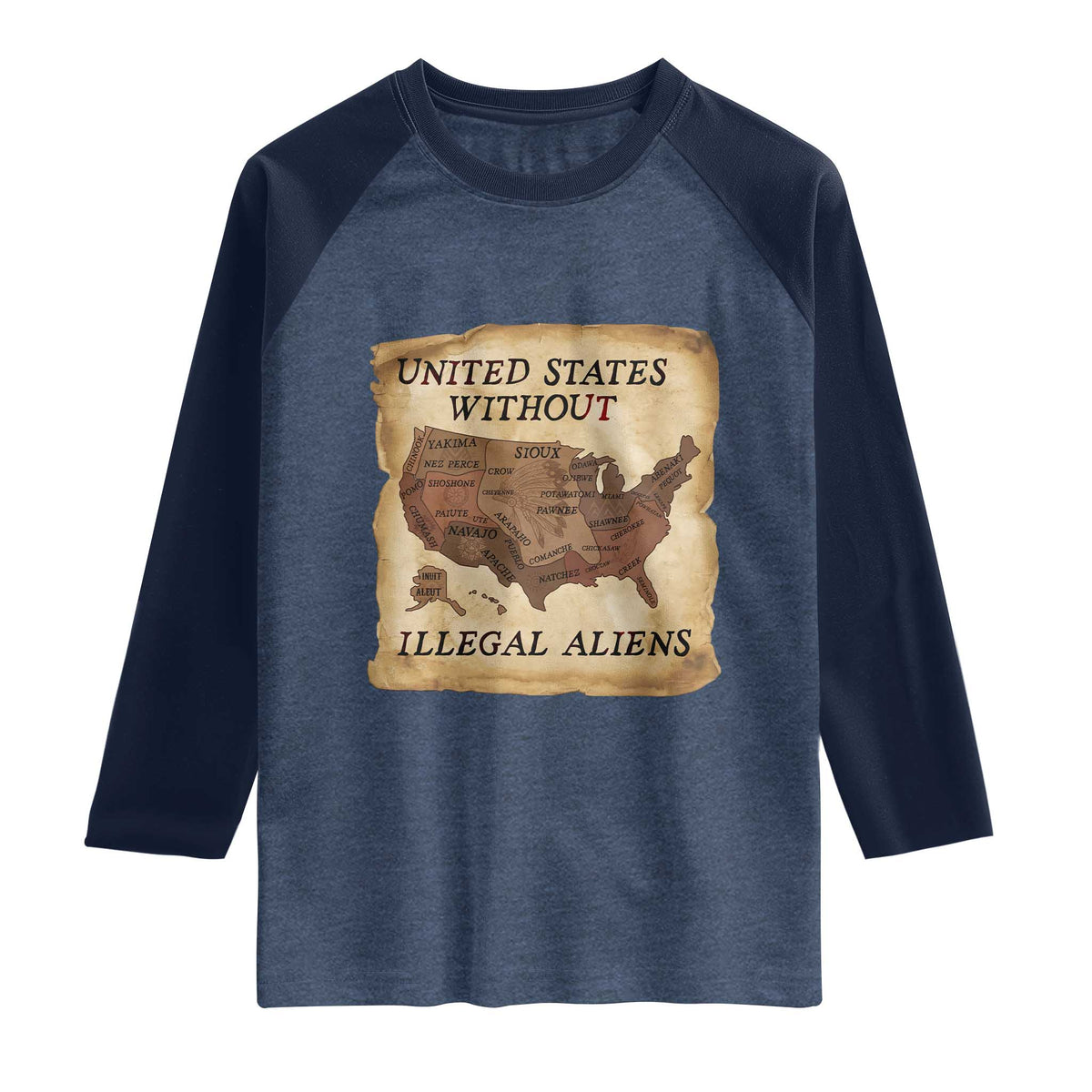United States Without Illegal Aliens Raglan Shirt Native Land Map TS14 Heather Denim Navy Print Your Wear