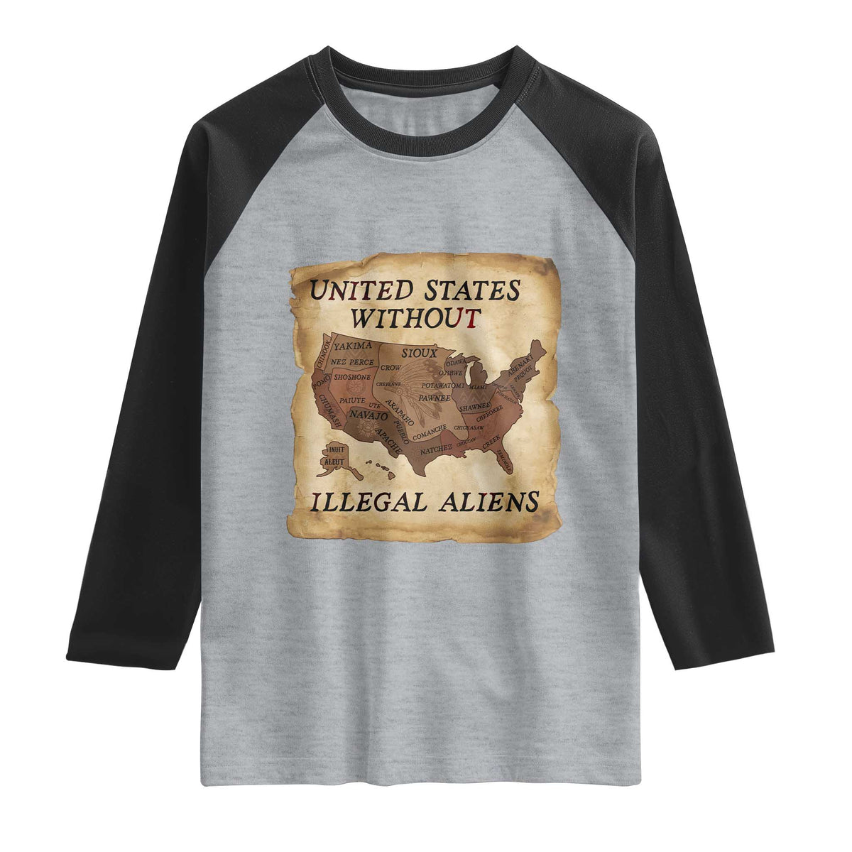 United States Without Illegal Aliens Raglan Shirt Native Land Map TS14 Heather Gray Black Print Your Wear