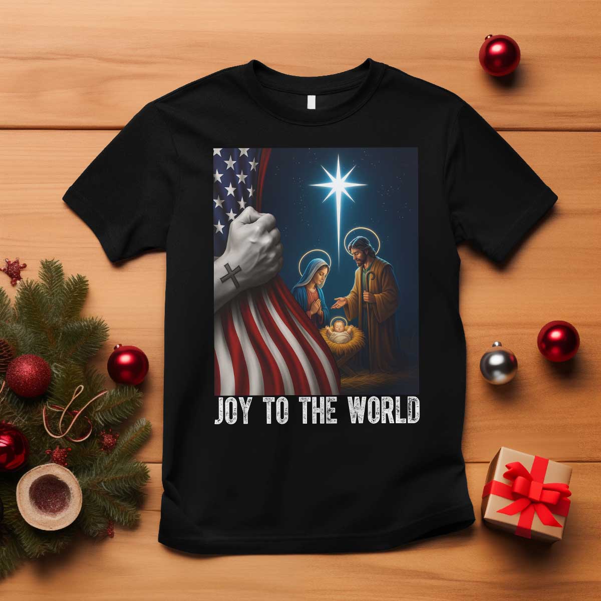 Jesus Christian T Shirt American Flag Joy To The World Christmas TS14 Black Print Your Wear