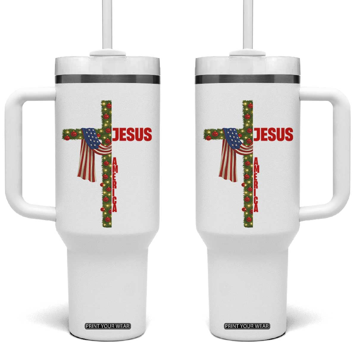 Jesus Patriotic Christmas Tumbler With Handle Loves Jesus And America Too TS14 One Size: 40 oz Black Print Your Wear
