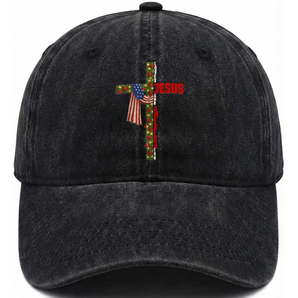 Jesus Patriotic Christmas Washed Cotton Baseball Cap Loves Jesus And America Too TS14 Washed Cap Universal Fit Black Print Your Wear