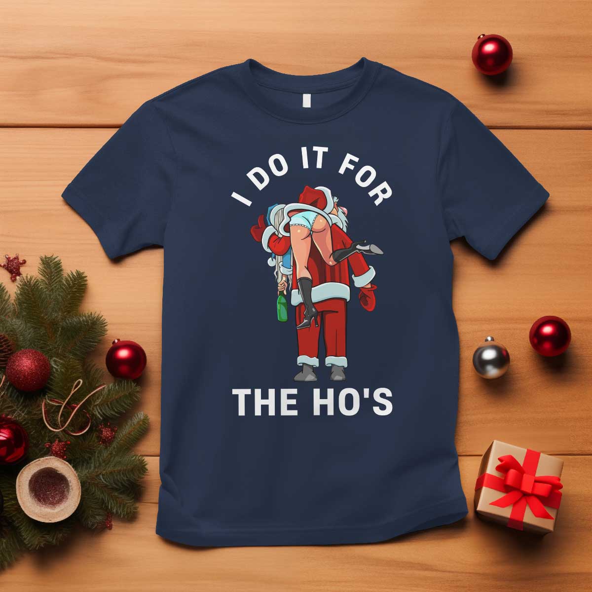 Funny Santa Christmas T Shirt I Do It For The Ho Ho Ho TS14 Navy Print Your Wear