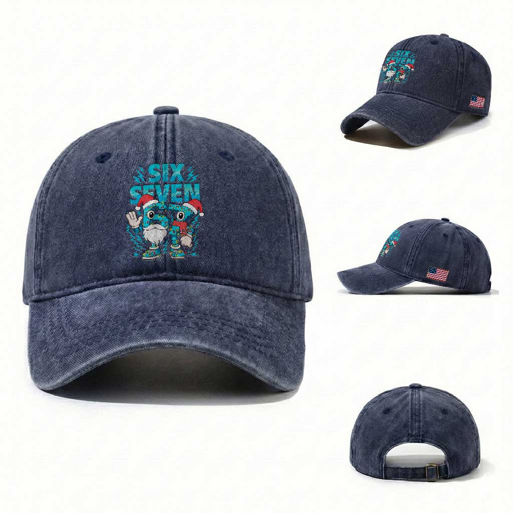 67 Six Seven Christmas Washed Cotton Baseball Cap Funny Italian Brainrot Meme TS14 Washed Cap Universal Fit Navy Print Your Wear