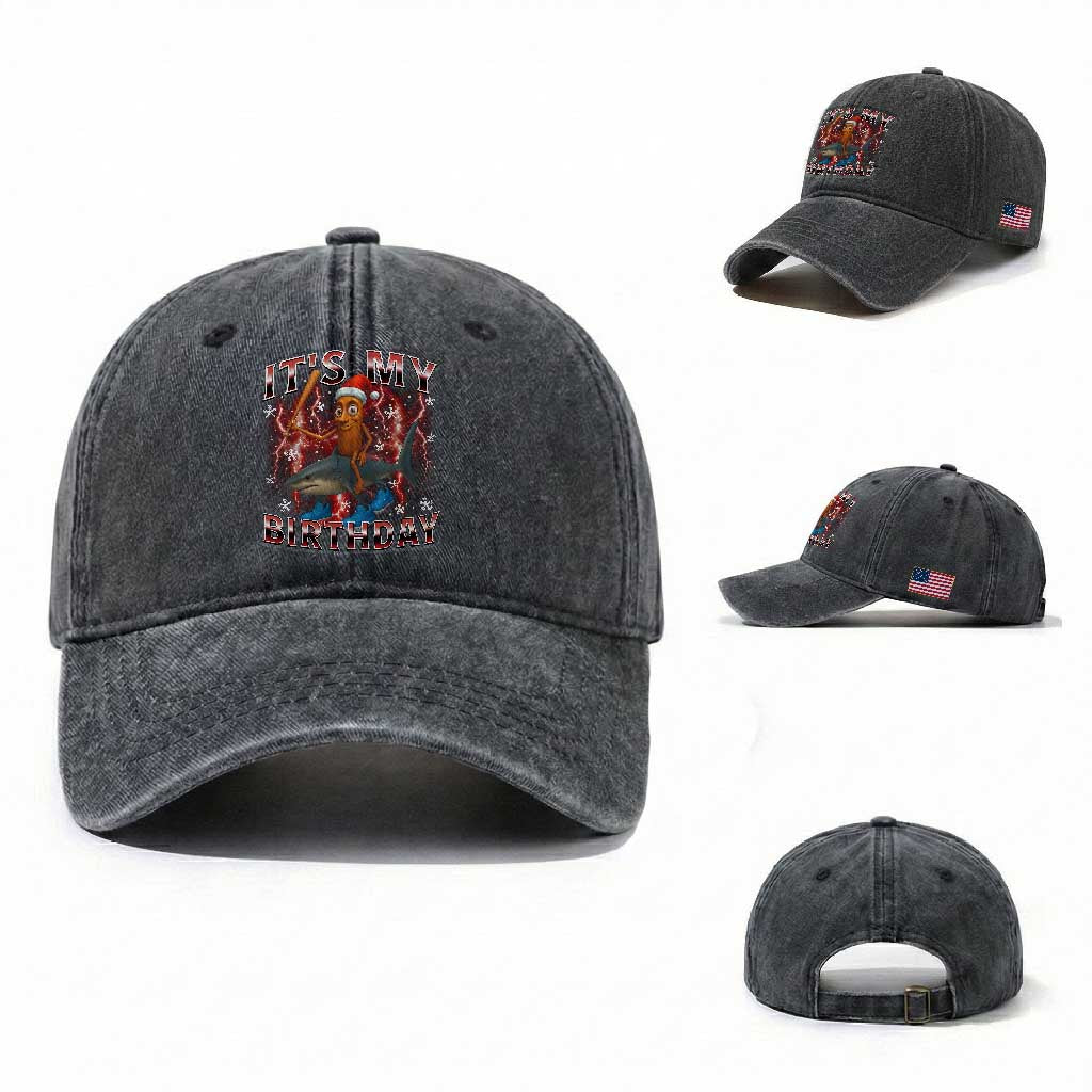 Italian Brainrot Christmas Meme Washed Cotton Baseball Cap It Is My Birthday TS14 Washed Cap Universal Fit Dark Gray Print Your Wear