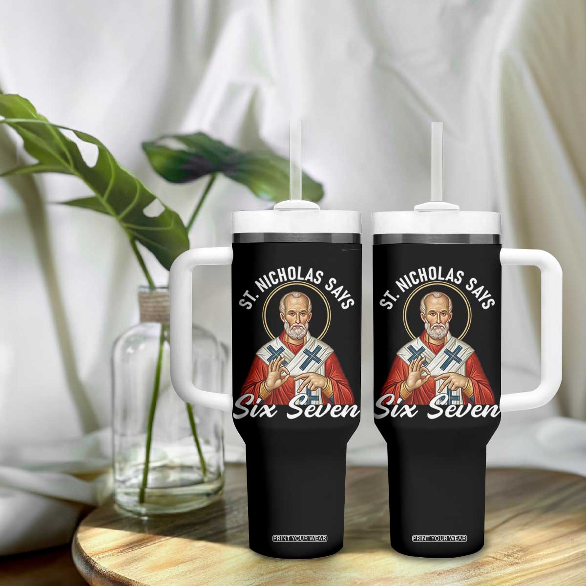 Funny Six Seven Meme Tumbler With Handle Saint Nicholas Says 67 Gen Alpha Slang TS14 Print Your Wear