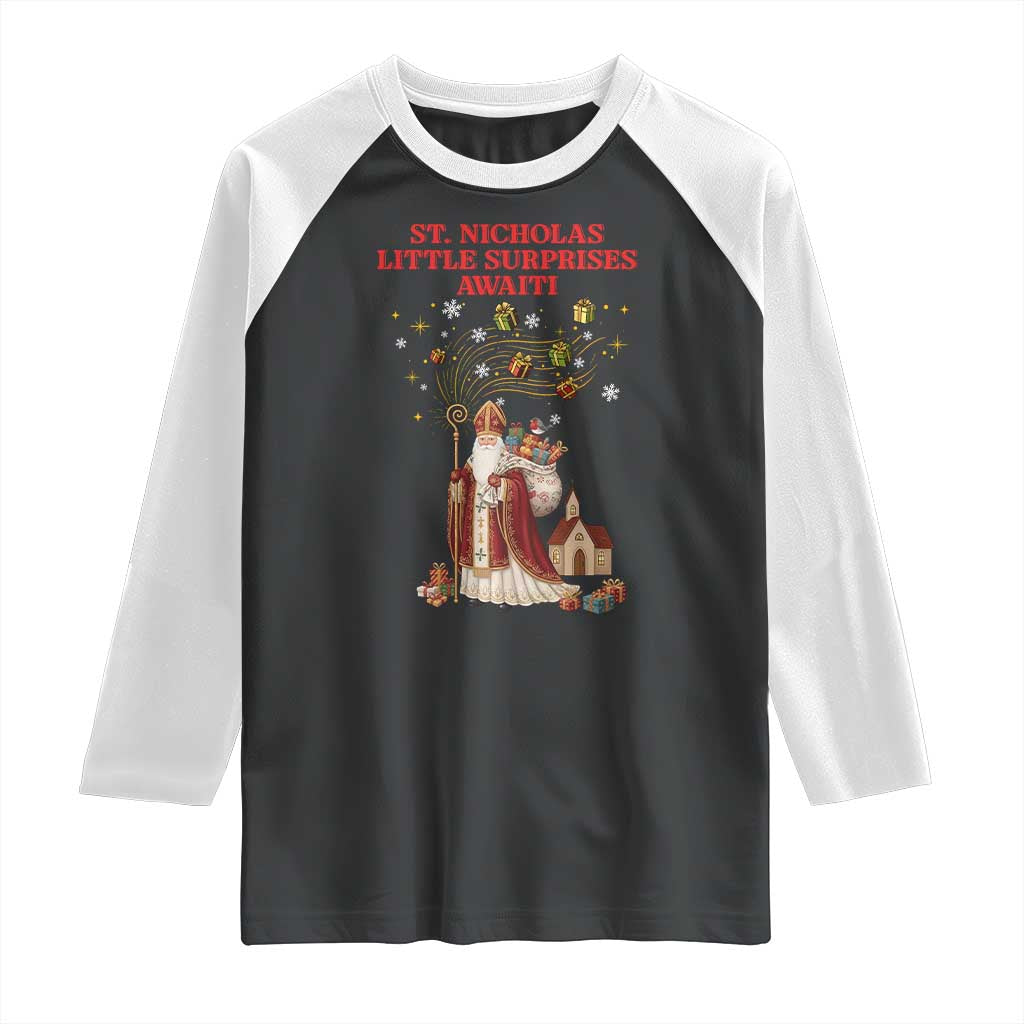 Saint Nicholas Santa Claus Christmas Raglan Shirt Little Surprises Awaiti TS14 Black White Print Your Wear