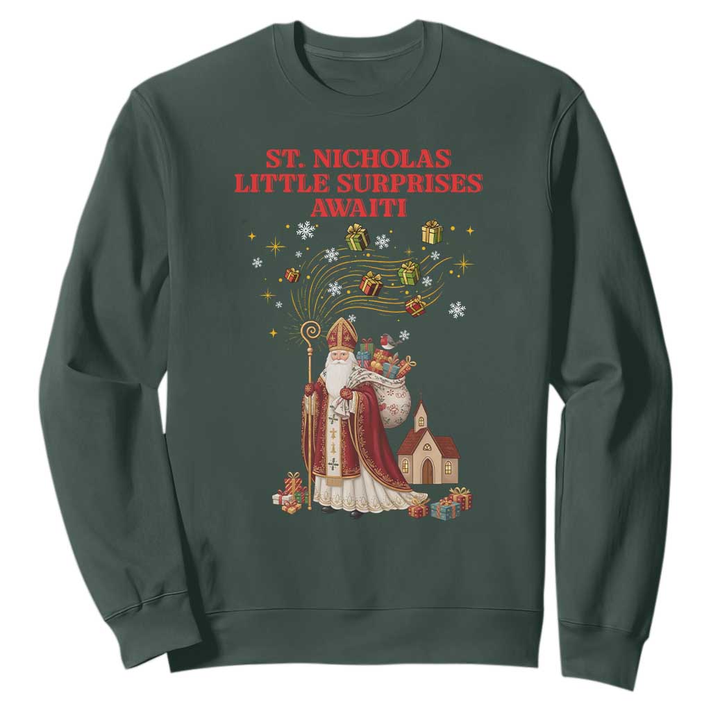 Saint Nicholas Santa Claus Christmas Sweatshirt Little Surprises Awaiti TS14 Dark Forest Green Print Your Wear