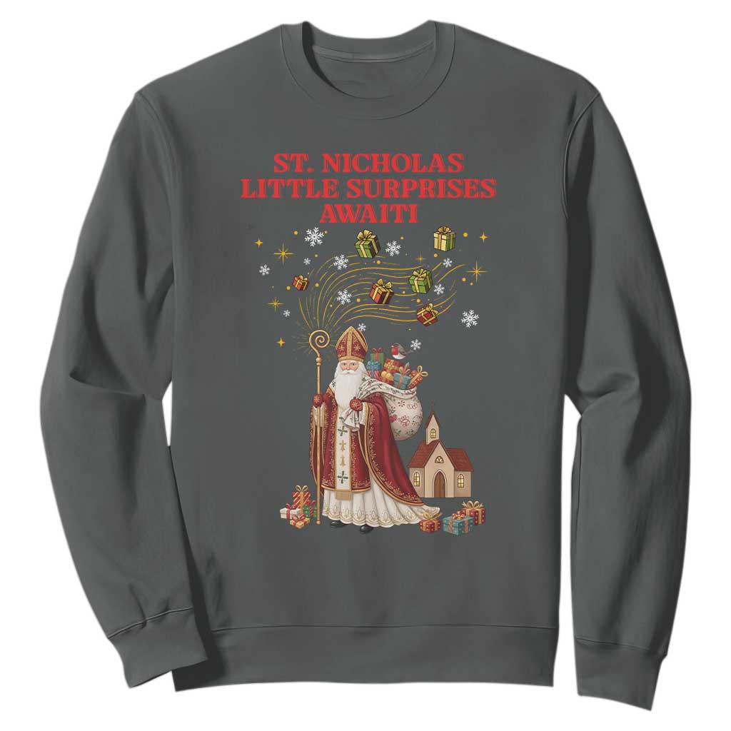 Saint Nicholas Santa Claus Christmas Sweatshirt Little Surprises Awaiti TS14 Dark Heather Print Your Wear