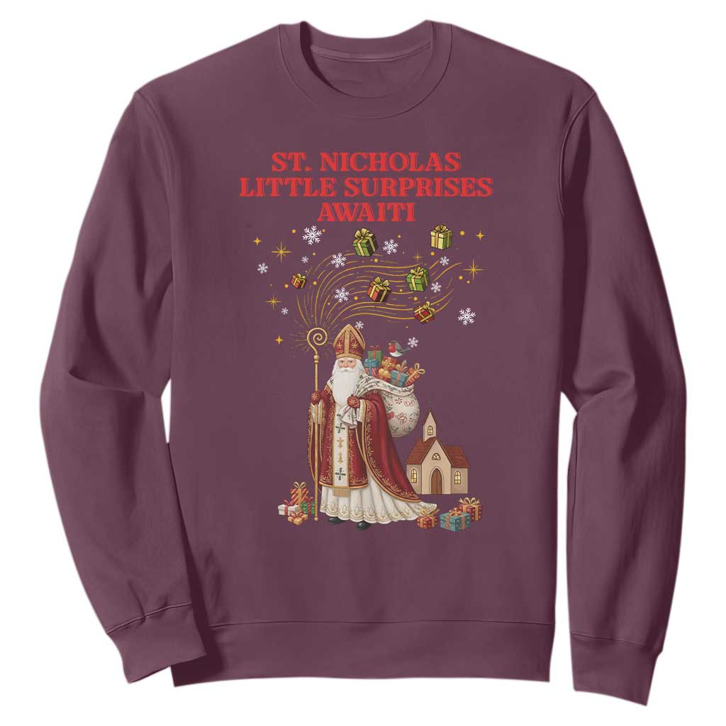Saint Nicholas Santa Claus Christmas Sweatshirt Little Surprises Awaiti TS14 Maroon Print Your Wear