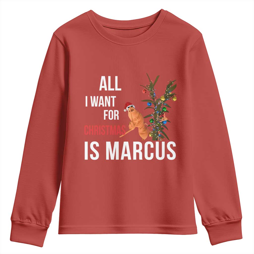 Marcus The Worm Robert Christmas Meme Youth Sweatshirt All I Want For Xmas Is Marcus TS14 Red Print Your Wear