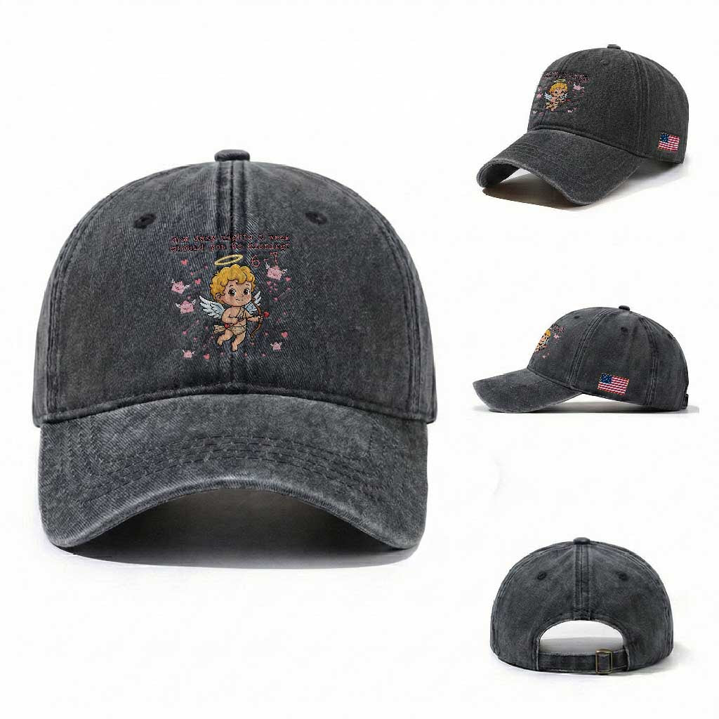 67 Valentine Meme Washed Cotton Baseball Cap Funny Six Seven Cupid Saying TS14 Washed Cap Universal Fit Dark Gray Print Your Wear