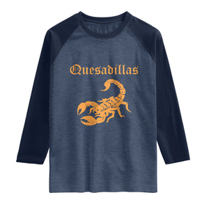 Quesadillas Scorpion Raglan Shirt Burnt Orange Southwestern TS14 Heather Denim Navy Print Your Wear