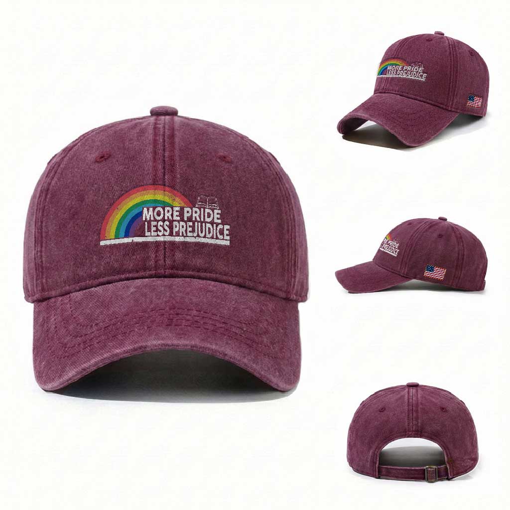 More Pride Less Prejudice Washed Cotton Baseball Cap Pride Month LGBTQ TS14 Washed Cap Universal Fit Burgundy Print Your Wear