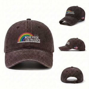 More Pride Less Prejudice Washed Cotton Baseball Cap Pride Month LGBTQ TS14 Washed Cap Universal Fit Dark Brown Print Your Wear