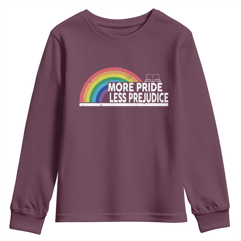 More Pride Less Prejudice Youth Sweatshirt Pride Month LGBTQ TS14 Maroon Print Your Wear