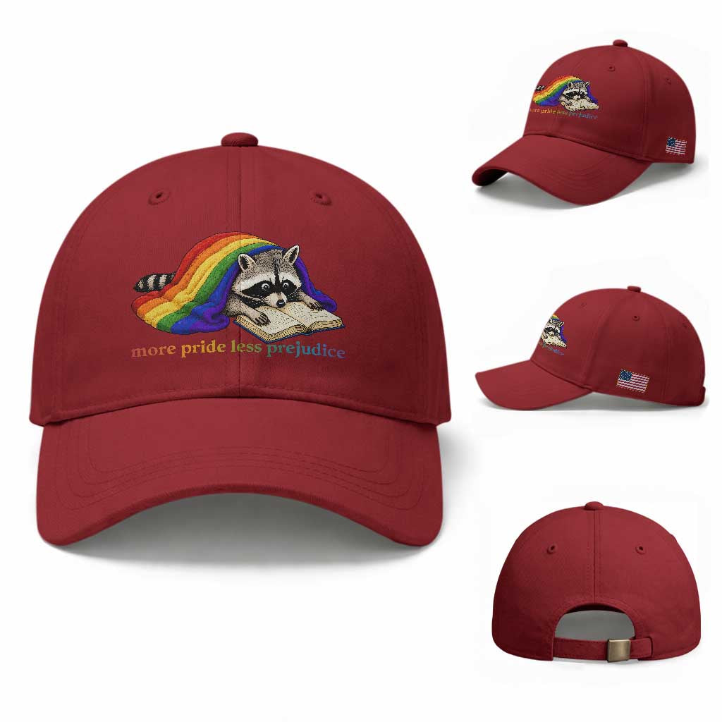 More Pride Less Prejudice Baseball Cap LGBT Raccoon Book Lover TS14 Baseball Cap Universal Fit Cherry Red Print Your Wear