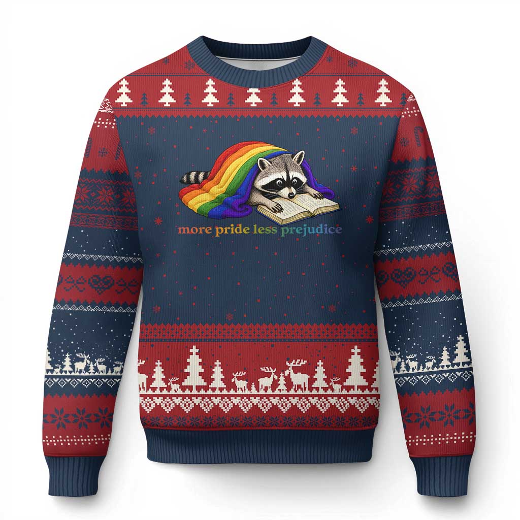More Pride Less Prejudice Ugly Christmas Sweater LGBT Raccoon Book Lover TS14 Navy Red Print Your Wear