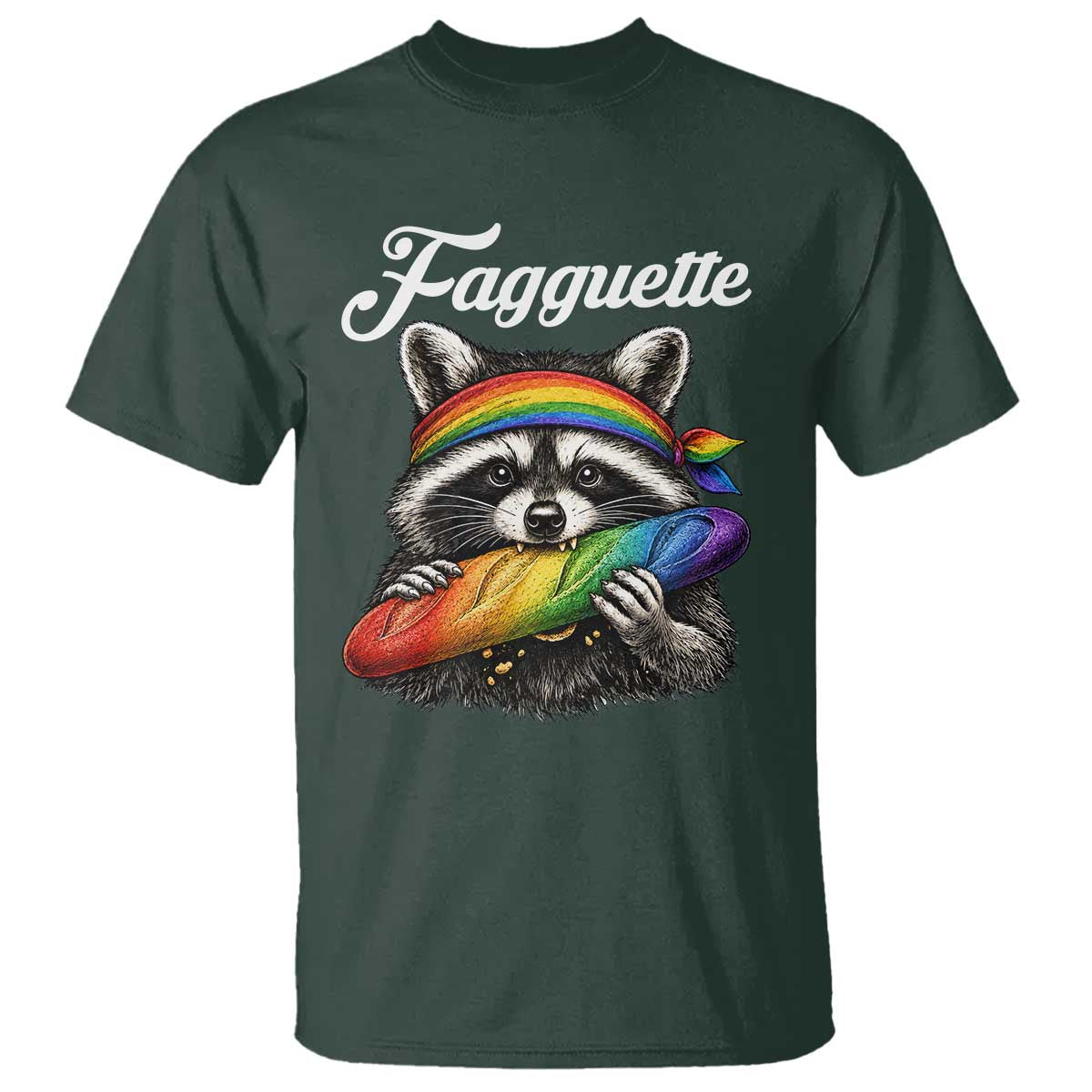 Faguette LGBTQ T Shirt Funny Pride Raccoon Rainbow TS14 Dark Forest Green Print Your Wear
