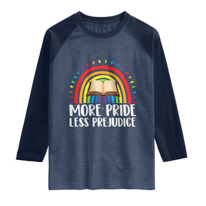 More Pride Less Prejudice Raglan Shirt LGBTQ Pride Month Book Lover TS14 Heather Denim Navy Print Your Wear