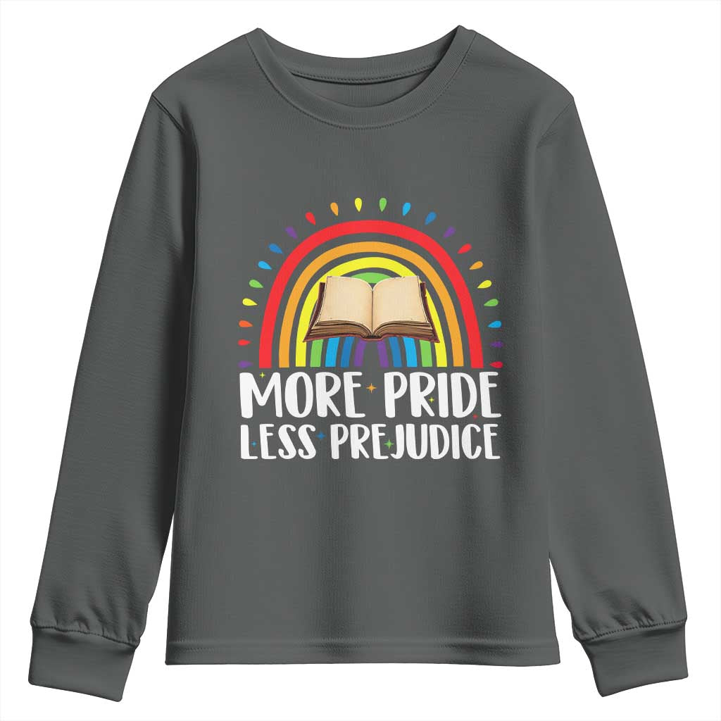 More Pride Less Prejudice Youth Sweatshirt LGBTQ Pride Month Book Lover TS14 Dark Heather Print Your Wear