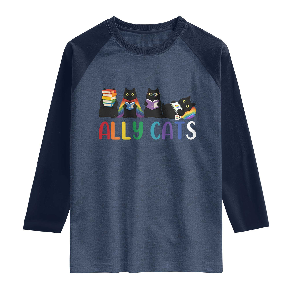 Rainbow Pride Ally Cats Raglan Shirt LGBTQ Inclusion Cat Lover Gift TS14 Heather Denim Navy Print Your Wear