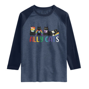 Rainbow Pride Ally Cats Raglan Shirt LGBTQ Inclusion Cat Lover Gift TS14 Heather Denim Navy Print Your Wear