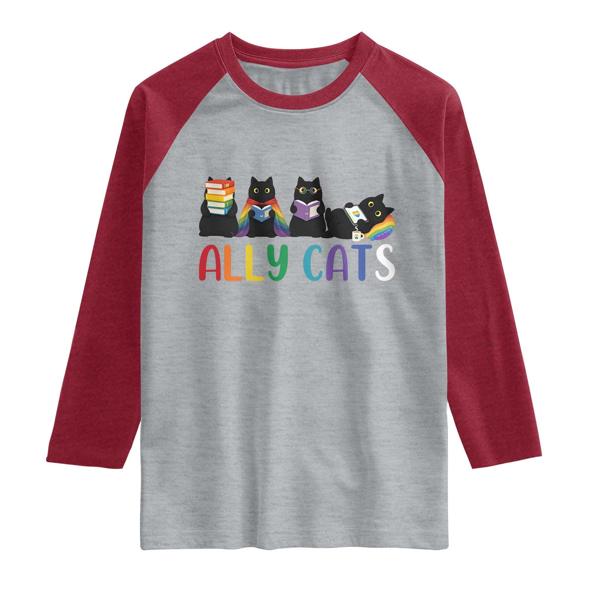 Rainbow Pride Ally Cats Raglan Shirt LGBTQ Inclusion Cat Lover Gift TS14 Heather Gray Heather Red Print Your Wear