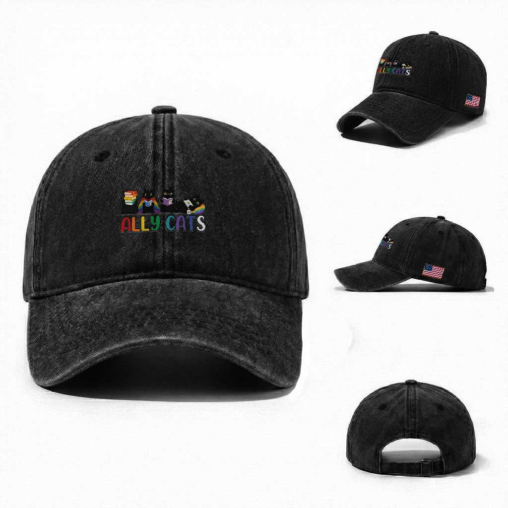 Rainbow Pride Ally Cats Washed Cotton Baseball Cap LGBTQ Inclusion Cat Lover Gift TS14 Washed Cap Universal Fit Black Print Your Wear