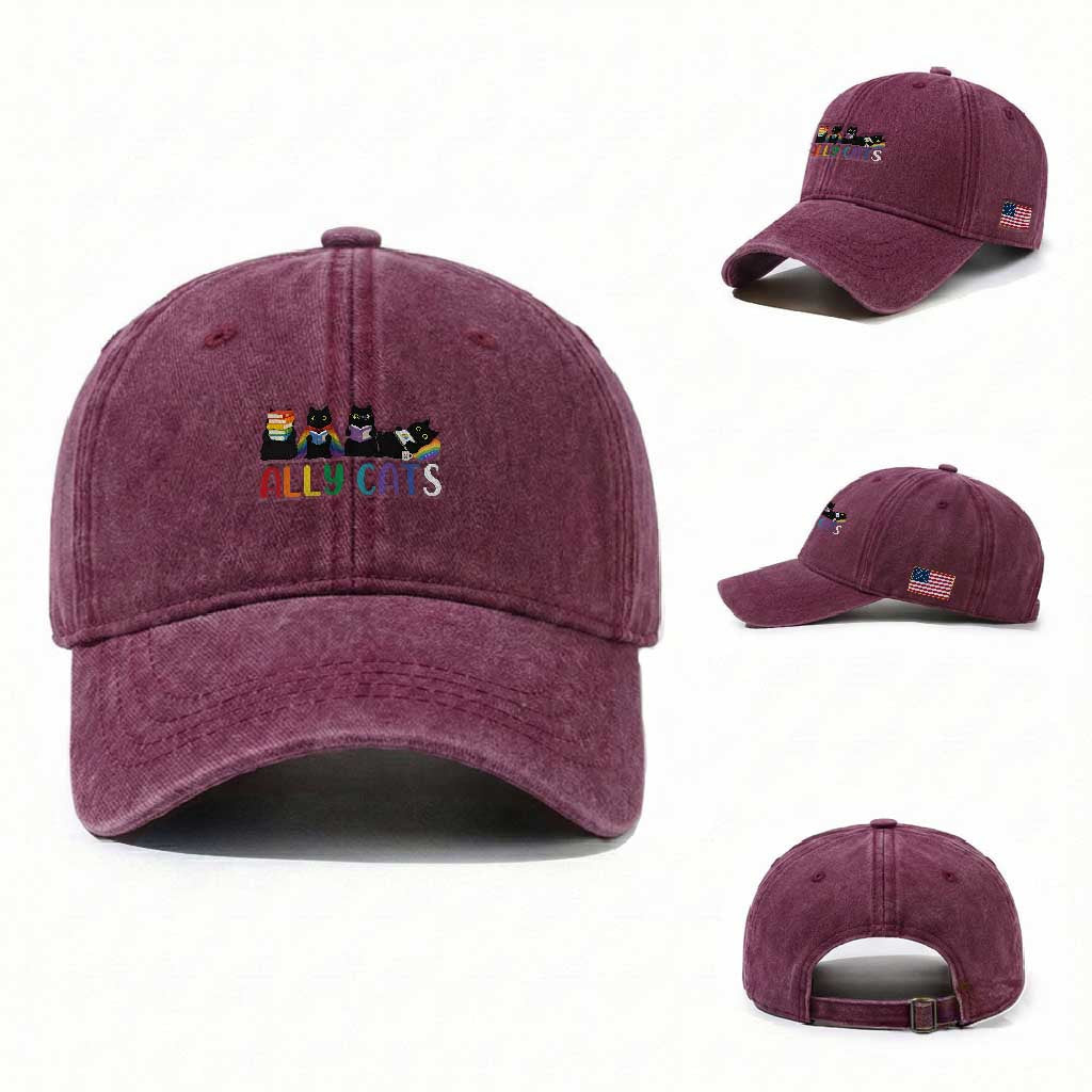 Rainbow Pride Ally Cats Washed Cotton Baseball Cap LGBTQ Inclusion Cat Lover Gift TS14 Washed Cap Universal Fit Burgundy Print Your Wear