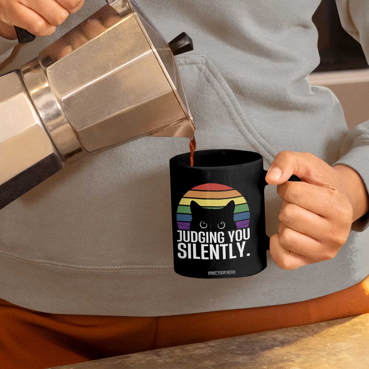 Rainbow Black Cat LGBT Pride Coffee Mug Judging You Silently TS14 Print Your Wear