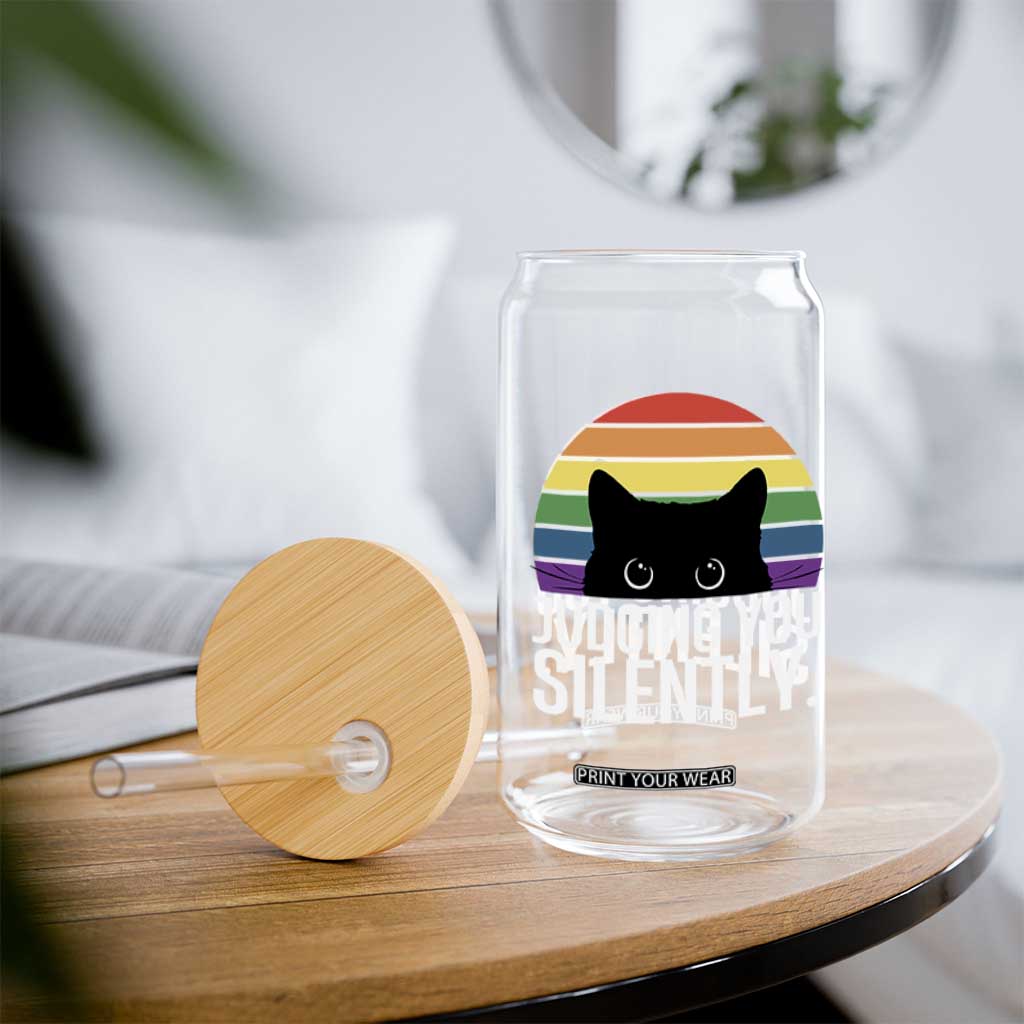 Rainbow Black Cat LGBT Pride Glass Can Judging You Silently TS14 Print Your Wear