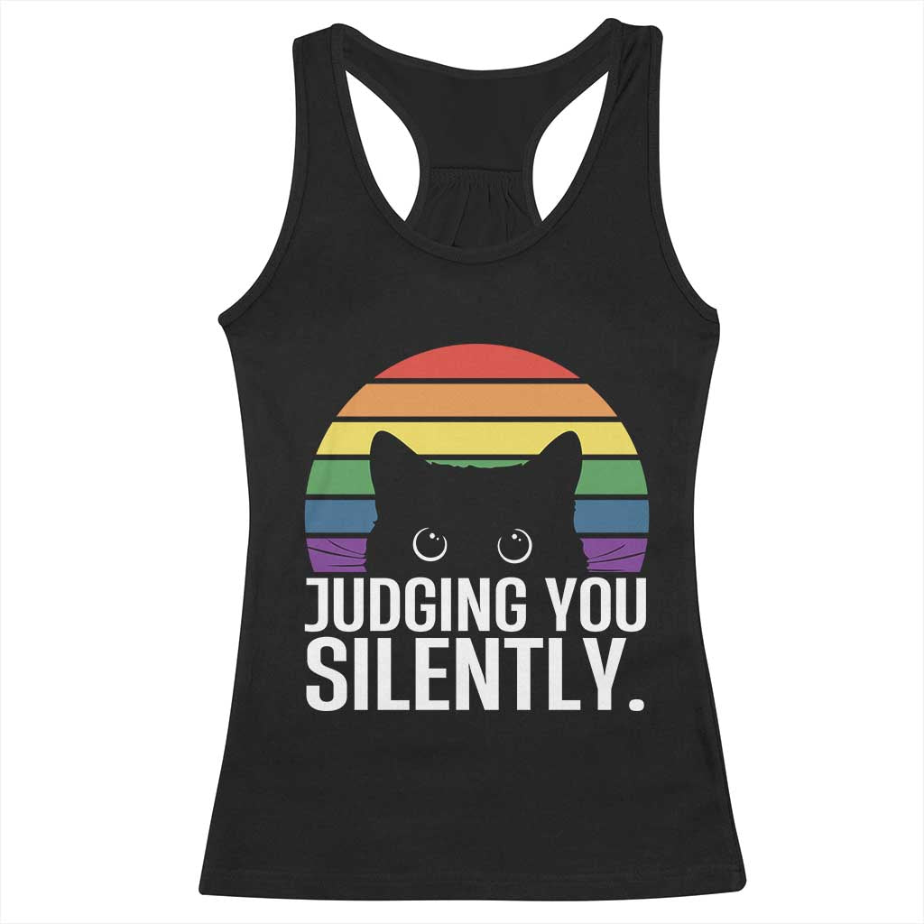 Rainbow Black Cat LGBT Pride Racerback Tank Top Judging You Silently TS14 Black Print Your Wear