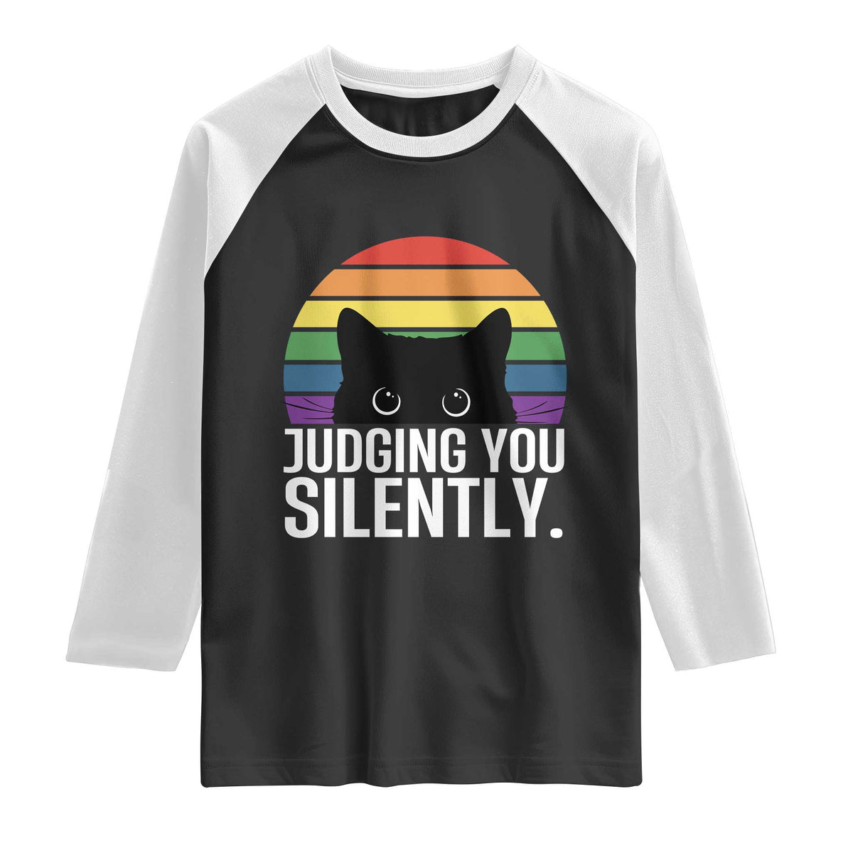 Rainbow Black Cat LGBT Pride Raglan Shirt Judging You Silently TS14 Black White Print Your Wear