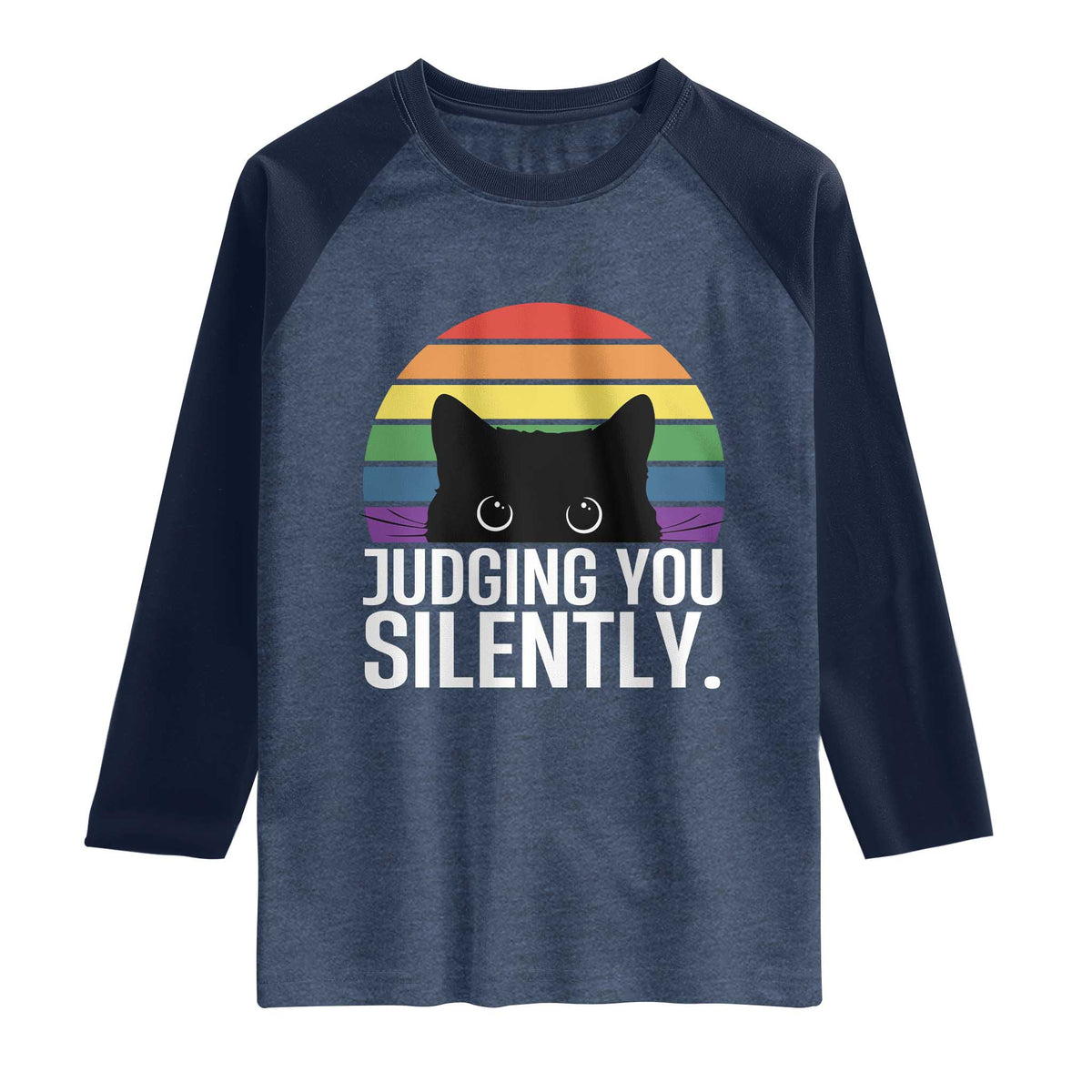 Rainbow Black Cat LGBT Pride Raglan Shirt Judging You Silently TS14 Heather Denim Navy Print Your Wear