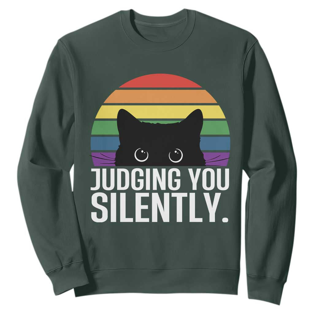 Rainbow Black Cat LGBT Pride Sweatshirt Judging You Silently TS14 Dark Forest Green Print Your Wear
