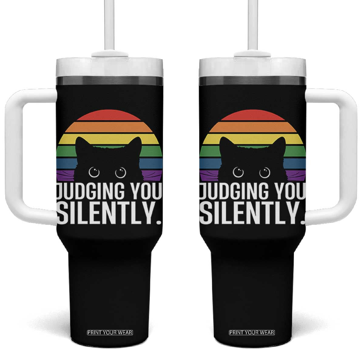 Rainbow Black Cat LGBT Pride Tumbler With Handle Judging You Silently TS14 One Size: 40 oz Black Print Your Wear
