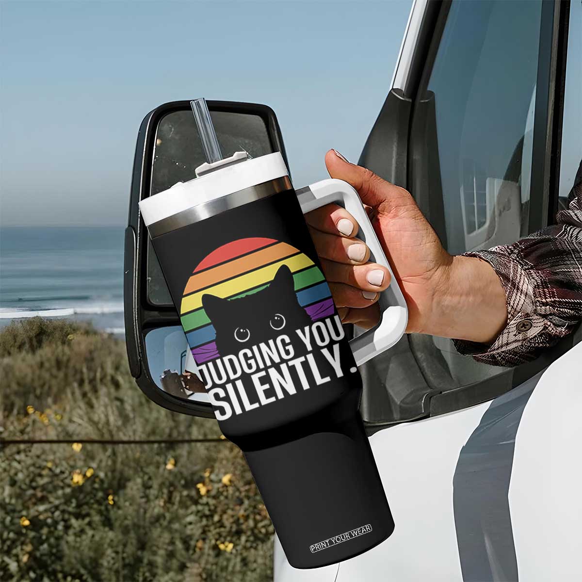 Rainbow Black Cat LGBT Pride Tumbler With Handle Judging You Silently TS14 Print Your Wear