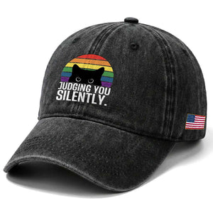 Rainbow Black Cat LGBT Pride Washed Cotton Baseball Cap Judging You Silently TS14 Print Your Wear