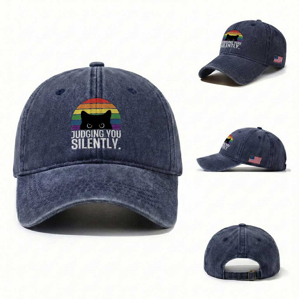 Rainbow Black Cat LGBT Pride Washed Cotton Baseball Cap Judging You Silently TS14 Washed Cap Universal Fit Navy Print Your Wear