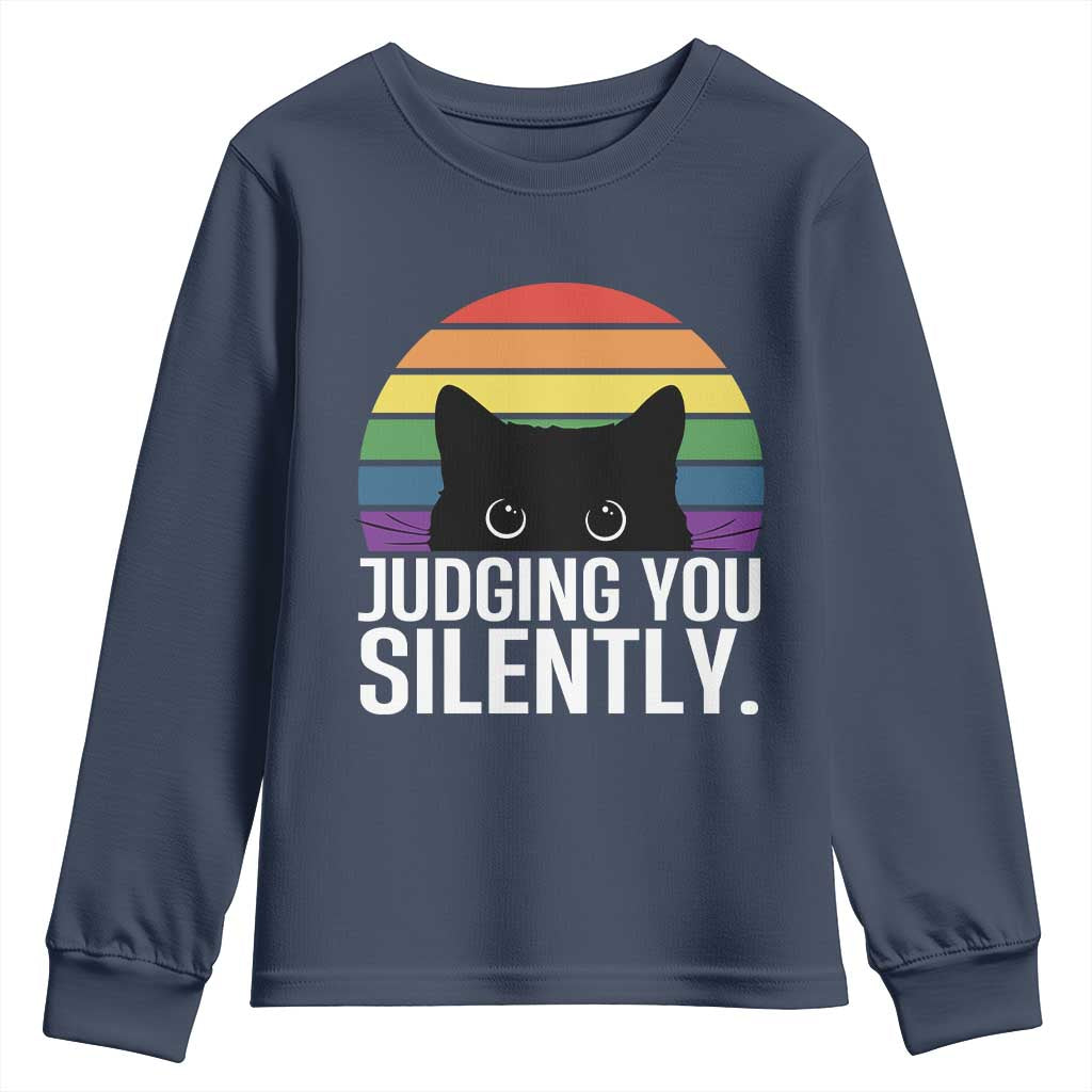 Rainbow Black Cat LGBT Pride Youth Sweatshirt Judging You Silently TS14 Navy Print Your Wear