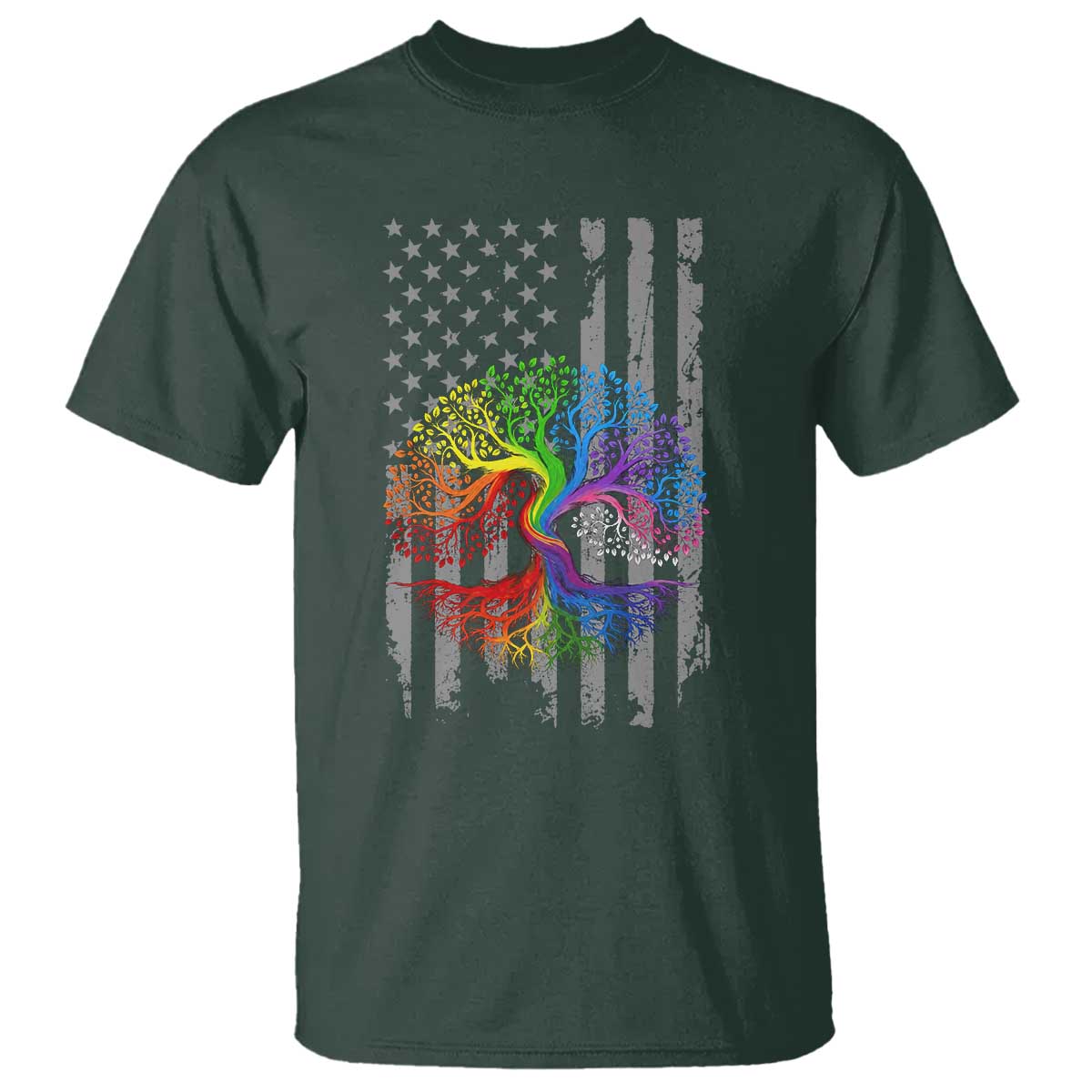 Tree of Life Rainbow LGBTQ Pride T Shirt American Flag Gift TS14 Dark Forest Green Print Your Wear