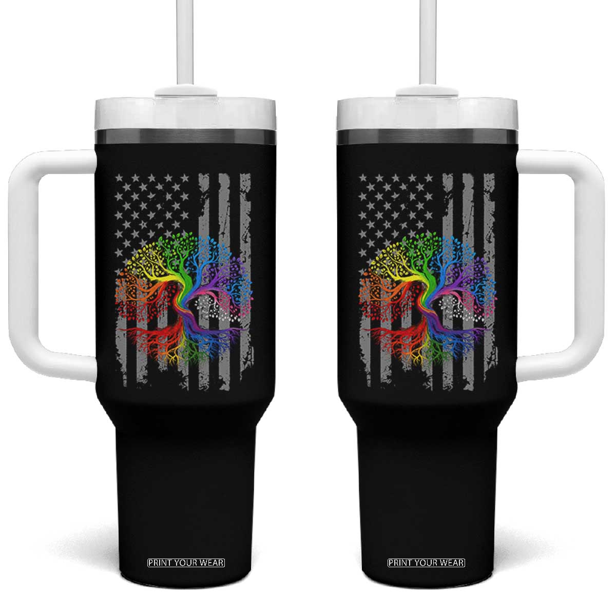 Tree of Life Rainbow LGBTQ Pride Tumbler With Handle American Flag Gift TS14 One Size: 40 oz Black Print Your Wear