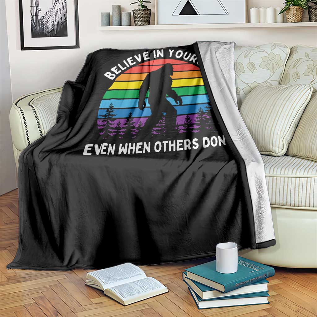 Retro Rainbow Bigfoot Throw Blanket Believe In Yourself Even When Others Don't TS14 Print Your Wear