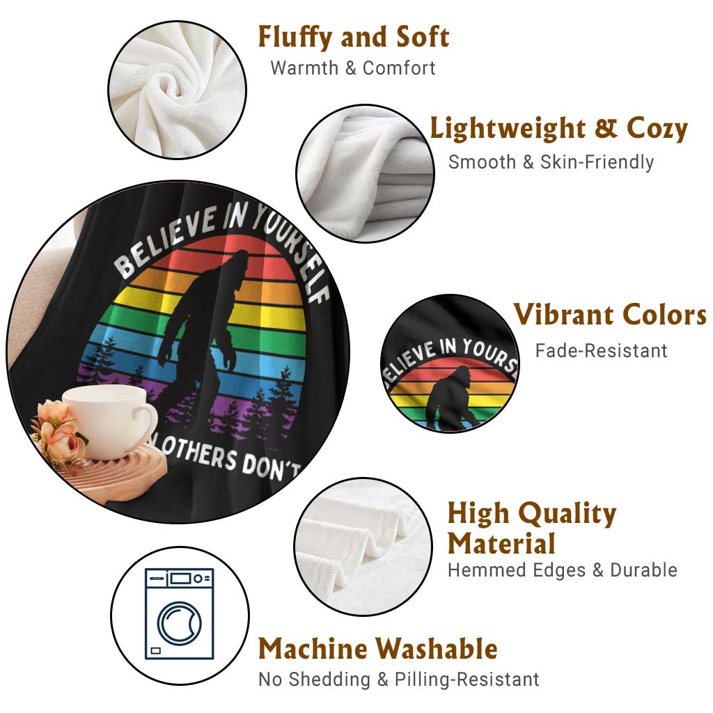 Retro Rainbow Bigfoot Throw Blanket Believe In Yourself Even When Others Don't TS14 Print Your Wear