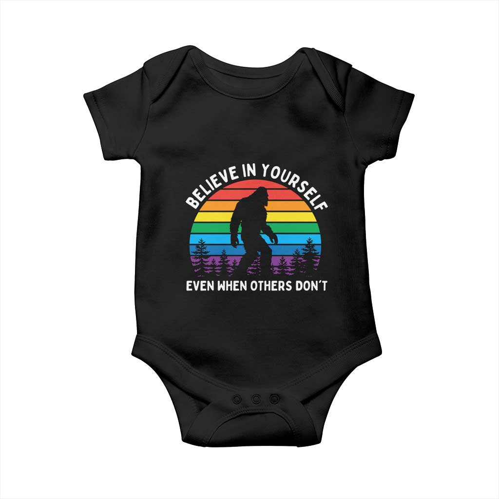 Retro Rainbow Bigfoot Baby Onesie Believe In Yourself Even When Others Don't TS14 Black Print Your Wear